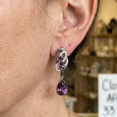 Amethyst Glimmer Drop Earrings | White Gold