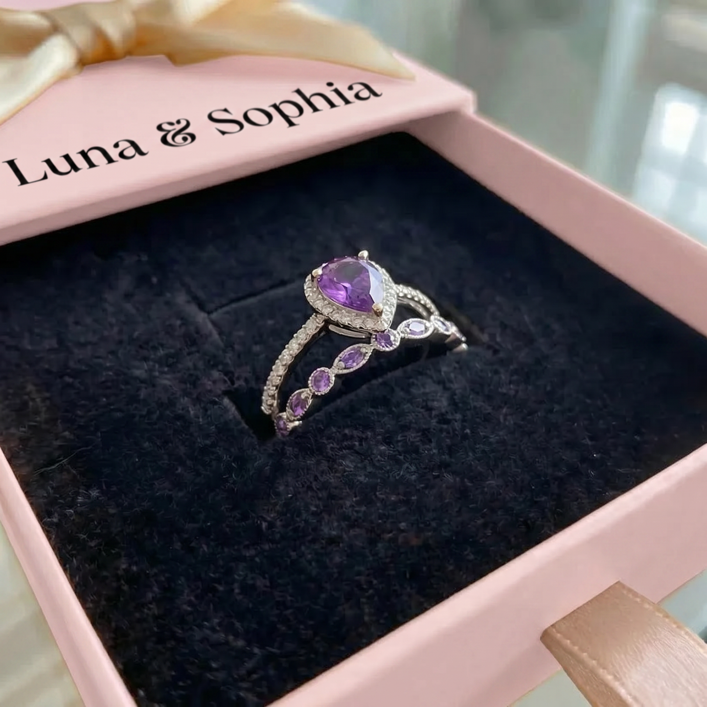 Teardrop Amethyst Ring Set | White Gold