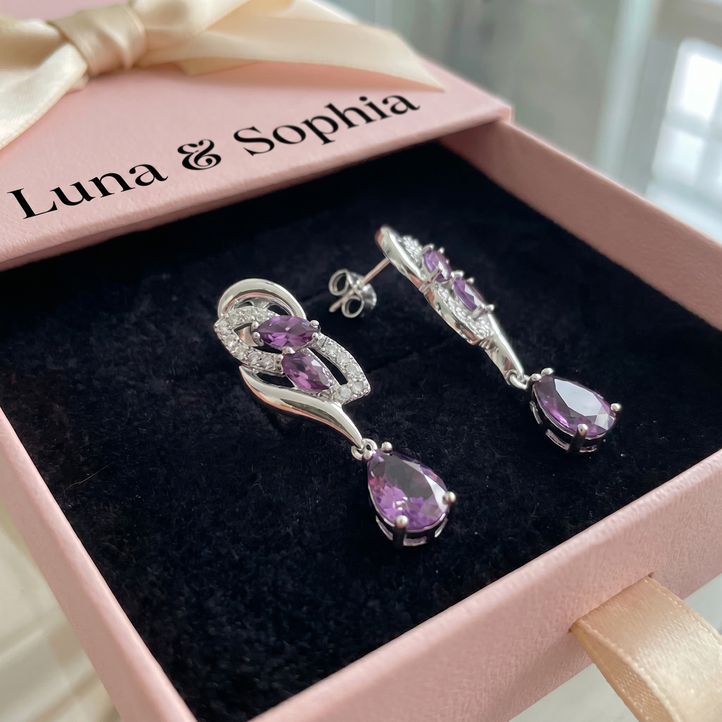 Amethyst Glimmer Drop Earrings | White Gold