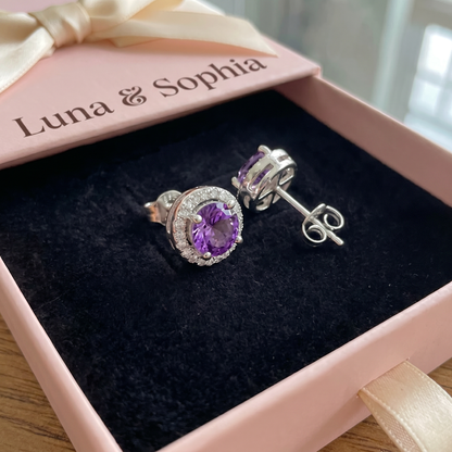 Amethyst Round Pave Studs | White Gold