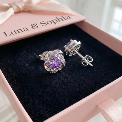 Purple Crystal Knot Earrings | White Gold
