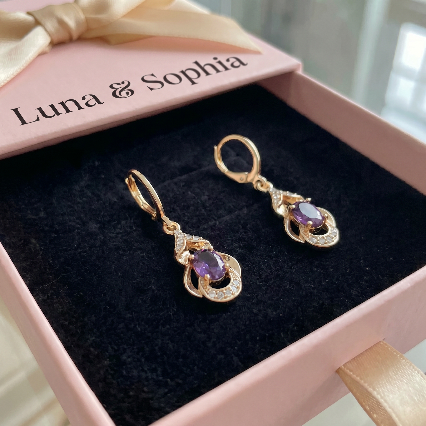 Moonlit Amethyst Teardrop Earrings | Rose Gold