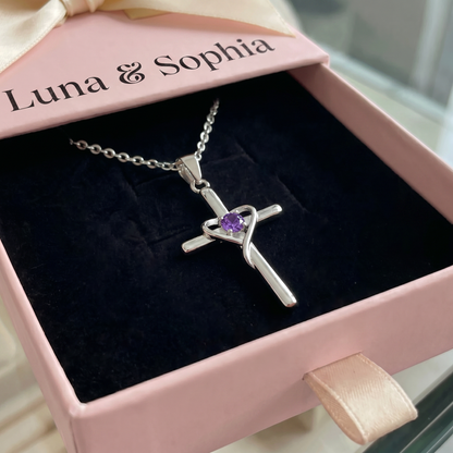 Amethyst Center Cross Necklace | White Gold