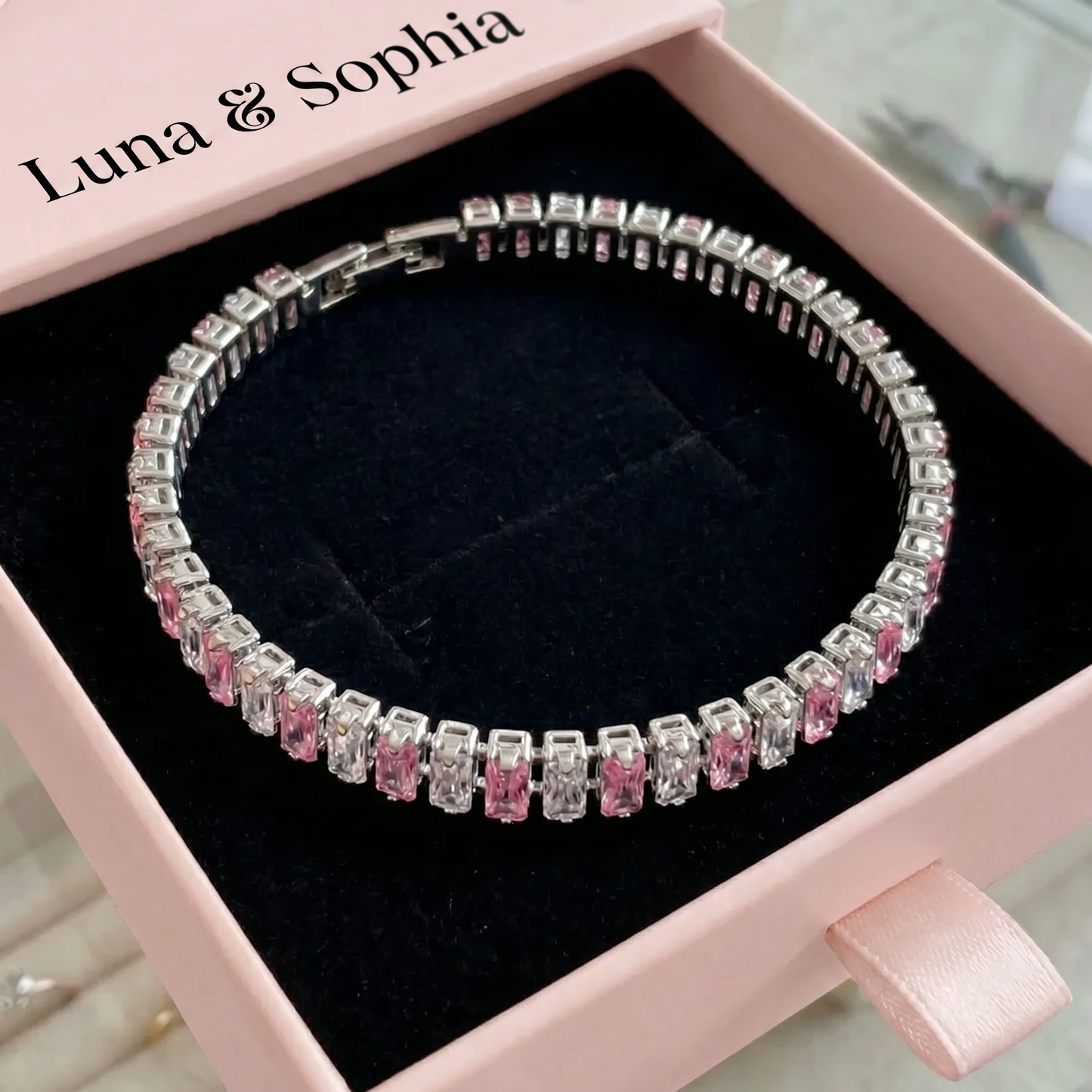 Pink Stripe Tennis Bracelet | White Gold