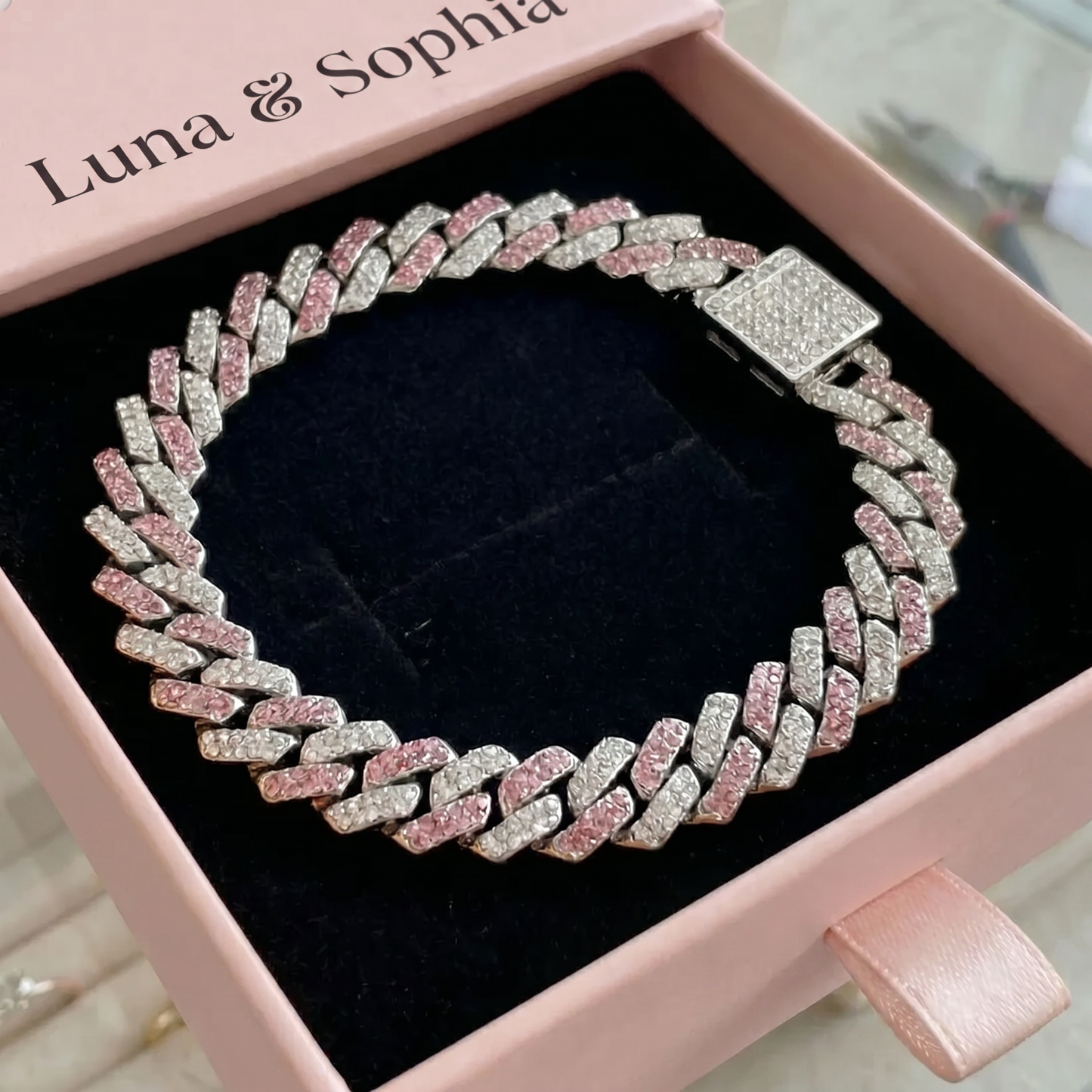 Pink Shimmer Cuban Bracelet | White Gold
