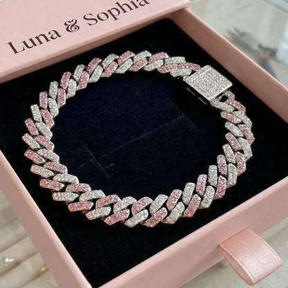 Pink Shimmer Cuban Bracelet | White Gold