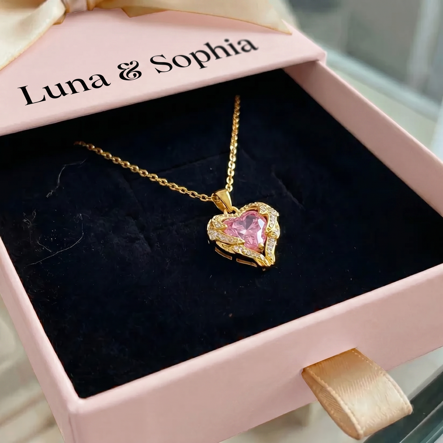 Angel Embrace Pink Heart Necklace | Gold