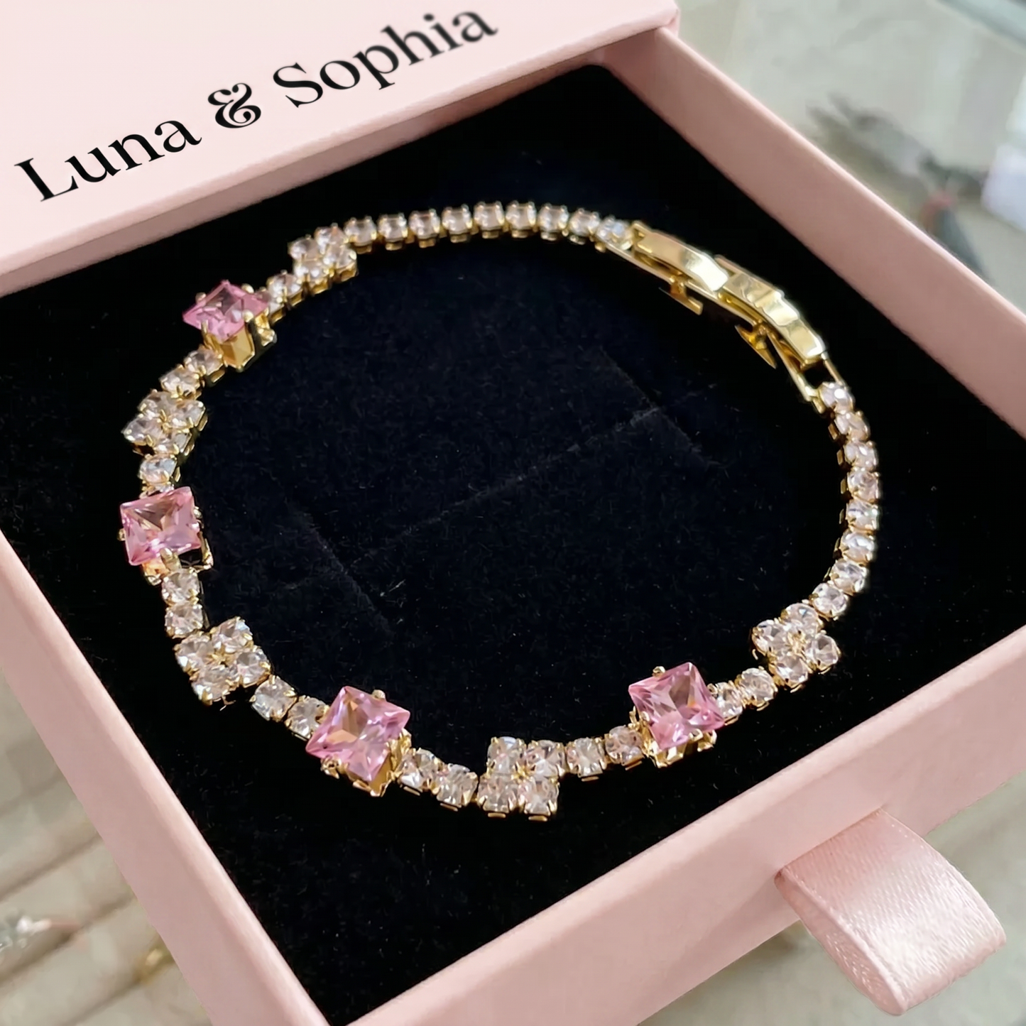 Blush Squares Tennis Bracelet | Gold