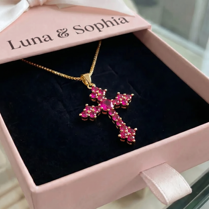 Pink Cluster Cross Necklace | Gold