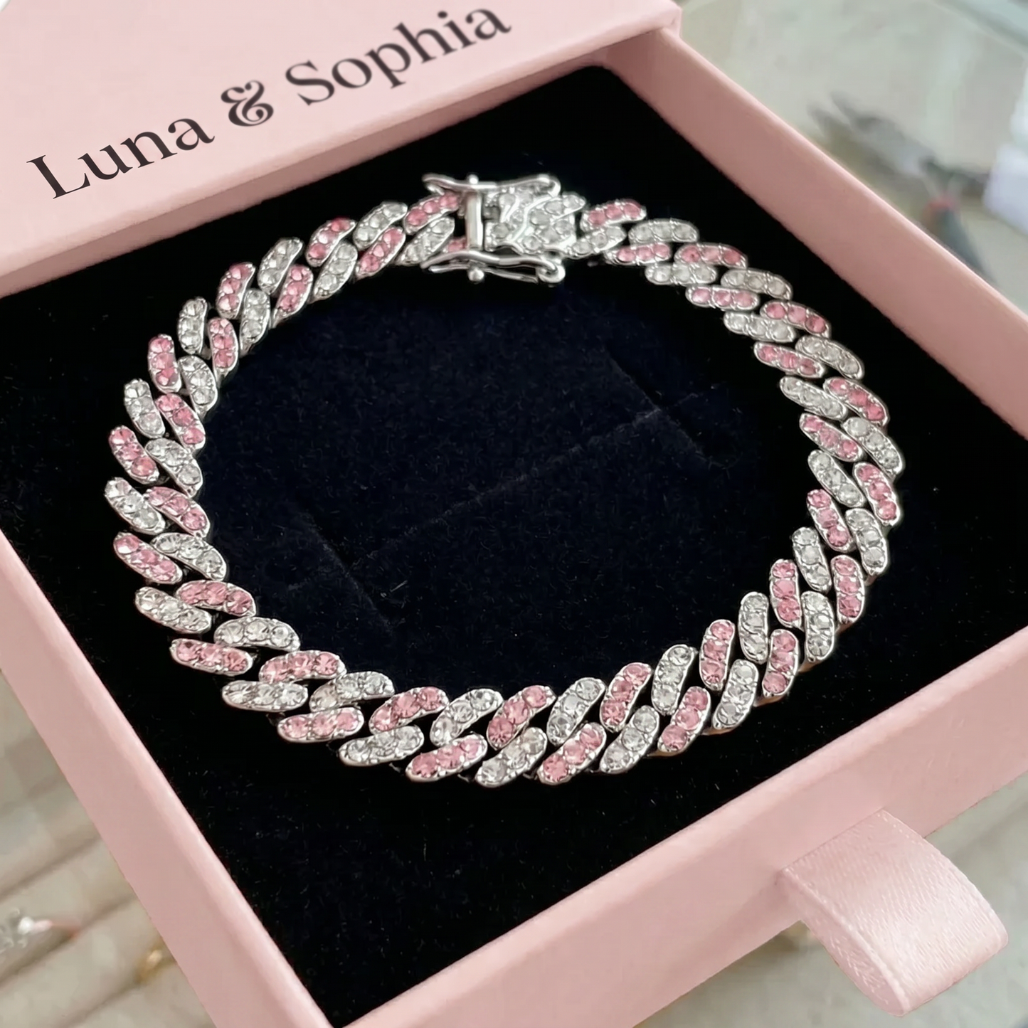 Arctic Blush Cuban Bracelet | White Gold