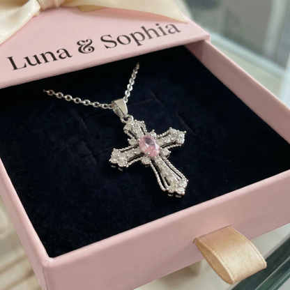 Celestial Pink Cross Necklace | White Gold